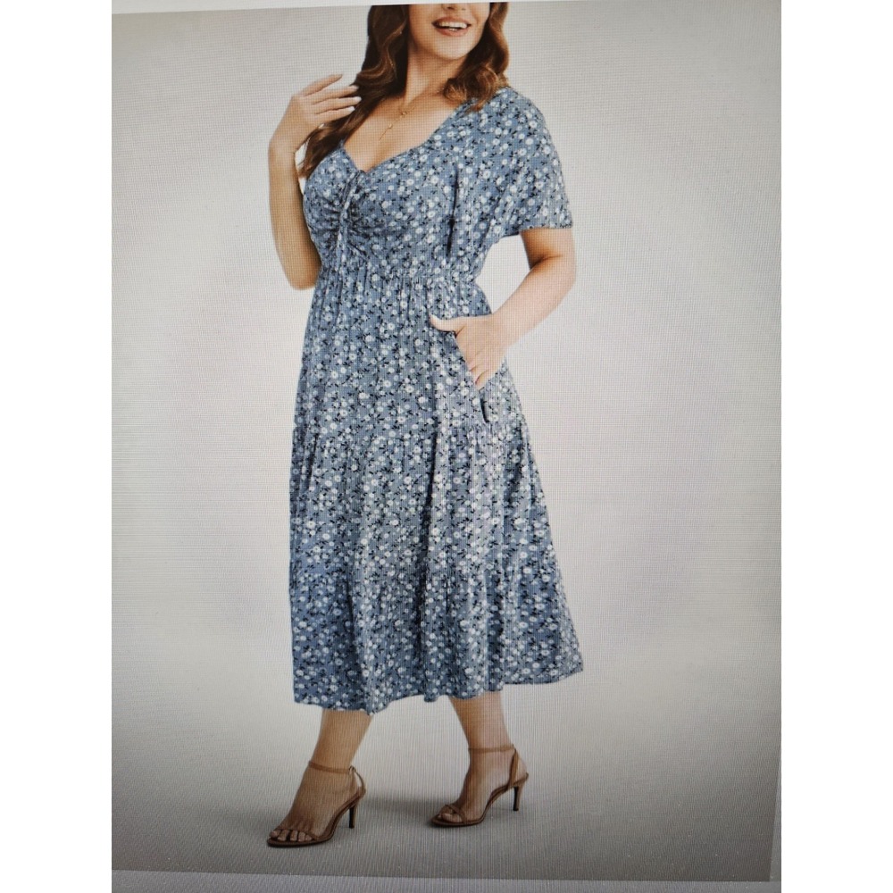 NWOT Bloomchic Blue Ditsy Floral SS Drawstring Neckline Midi Dress, Plus 3X - Picture 3 of 12